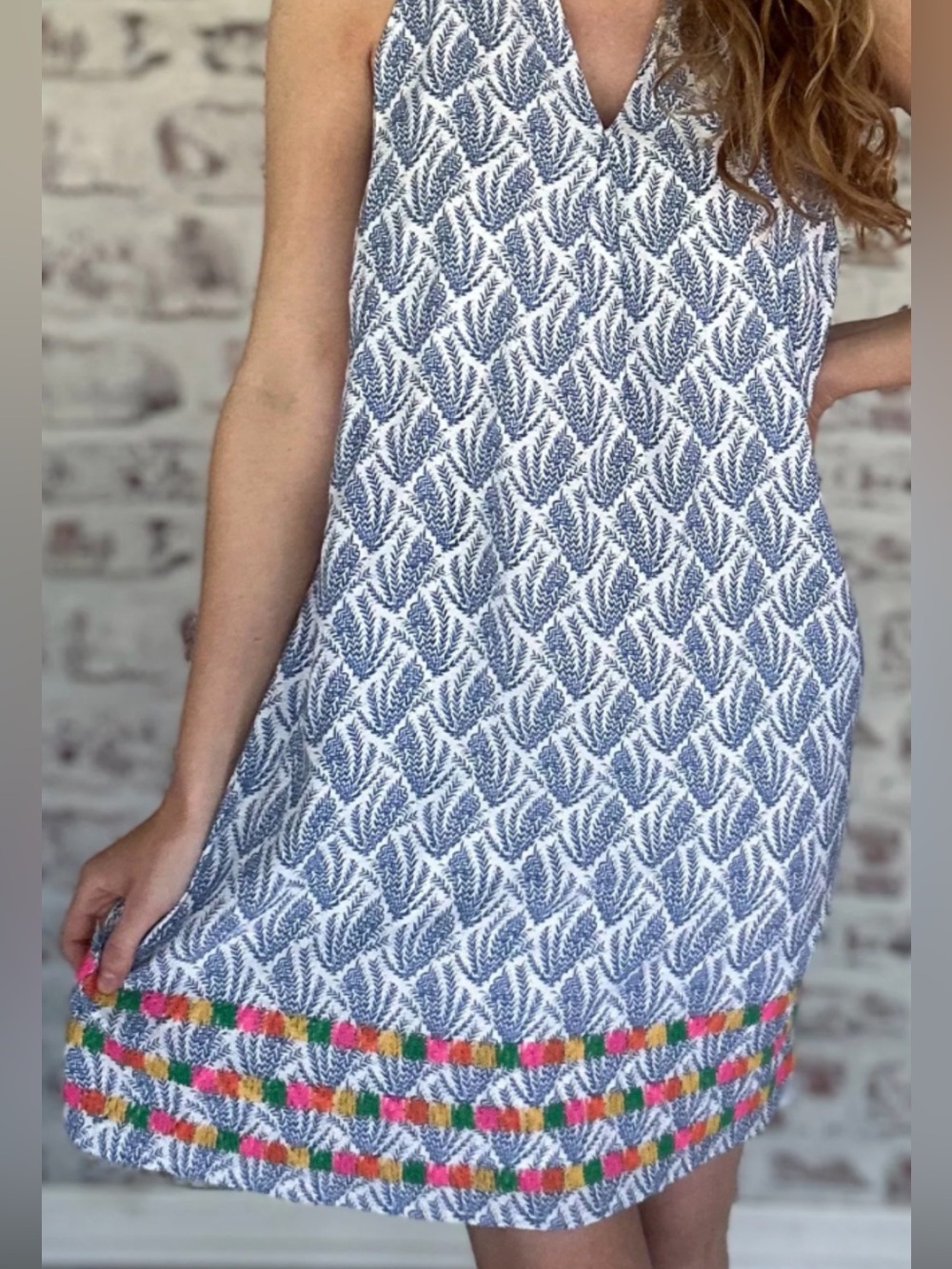 THML Blue & White Printed Halter Dress with Rainbow Embroidery